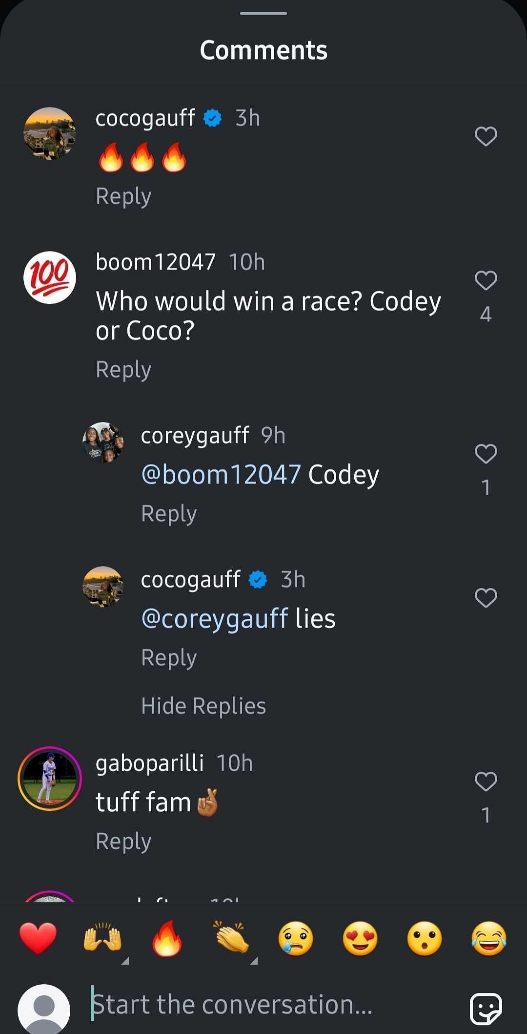 Comments on Coco Gauff's brother Codey's Instagram post (Image: Instagram/@codeygauff)